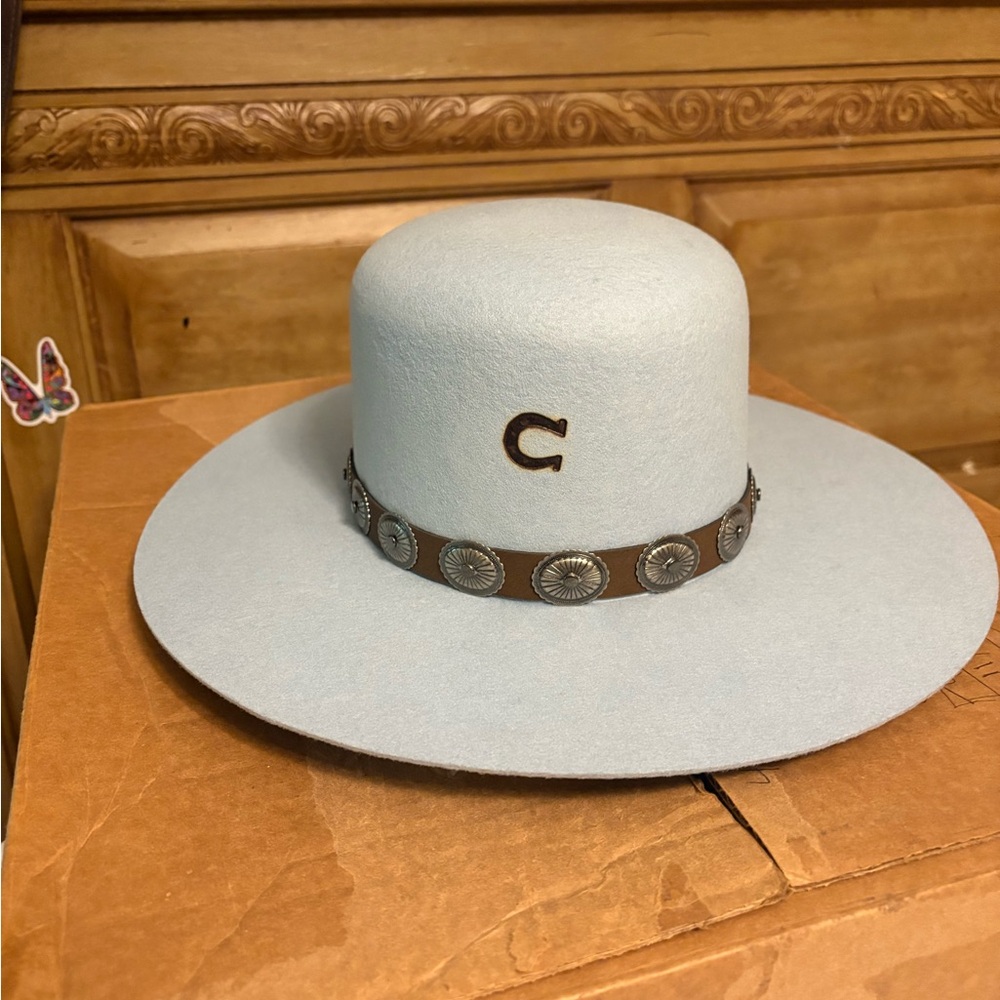 Blue and Brown Wide-Brimmed Hat with Leather Band